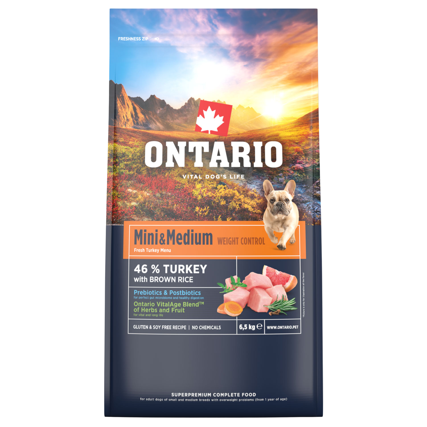 Fotografie ONTARIO Krmivo Mini & Medium Weight Control Turkey & Brown Rice 6.5 kg