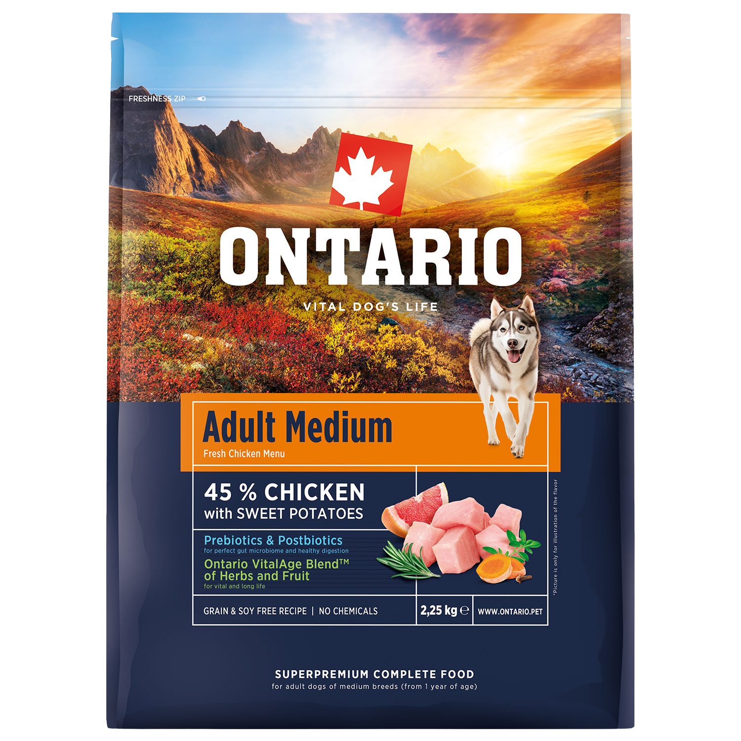 ONTARIO Krmivo Adult Medium Chicken & Sweet Potatoes 2.25 kg