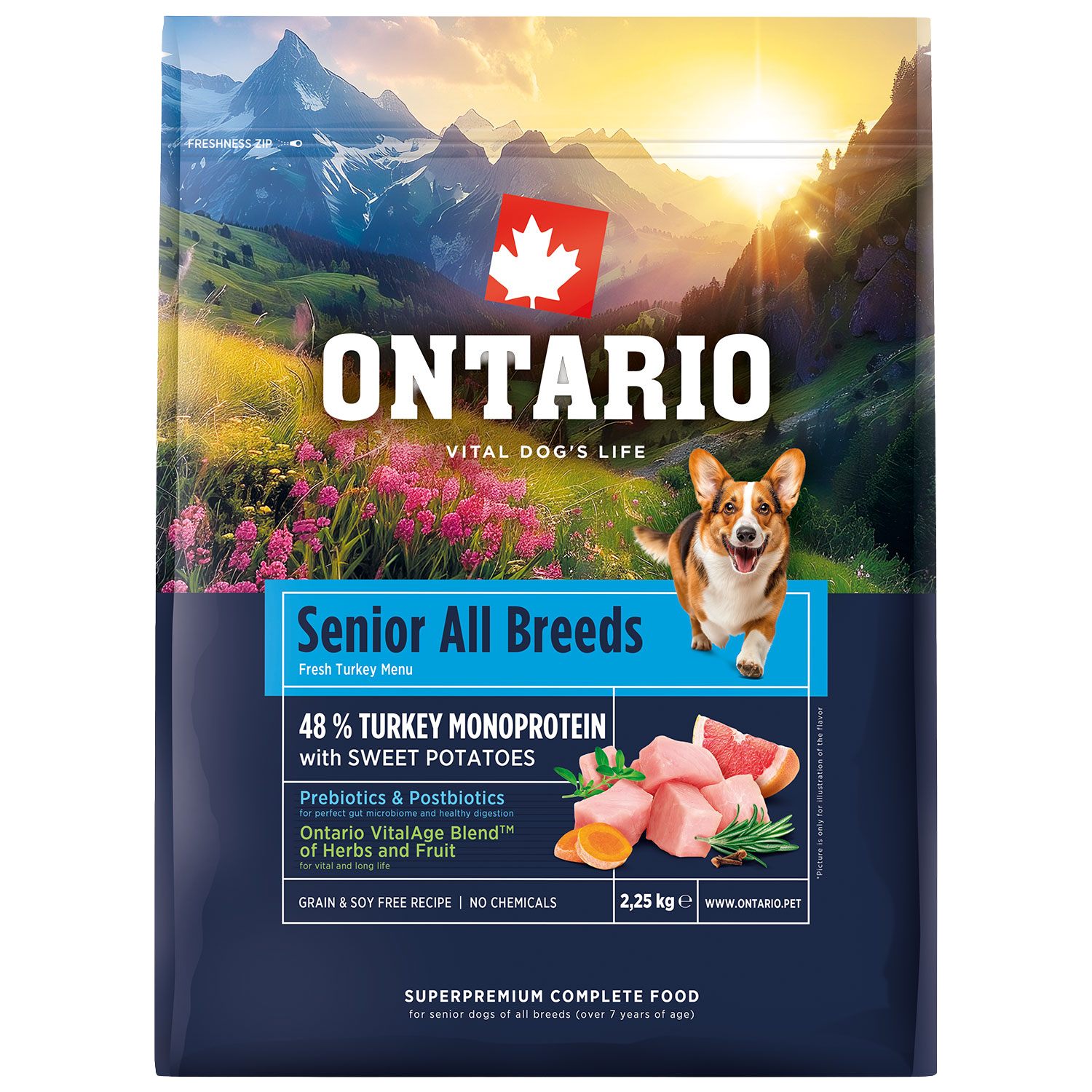 ONTARIO Krmivo Senior All Breeds Monoprotein Turkey & Sweet Potatoes 2.25 kg