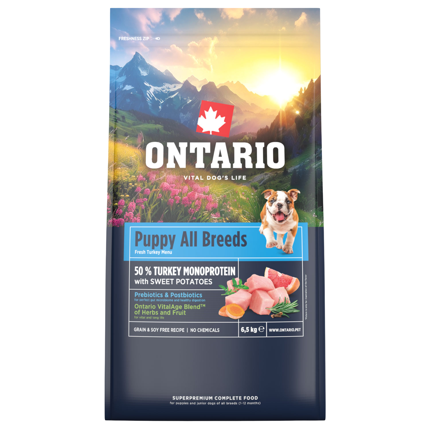 Fotografie ONTARIO Krmivo Puppy & Junior All Breeds Monoprotein Turkey & Sweet Potatoes 6.5 kg