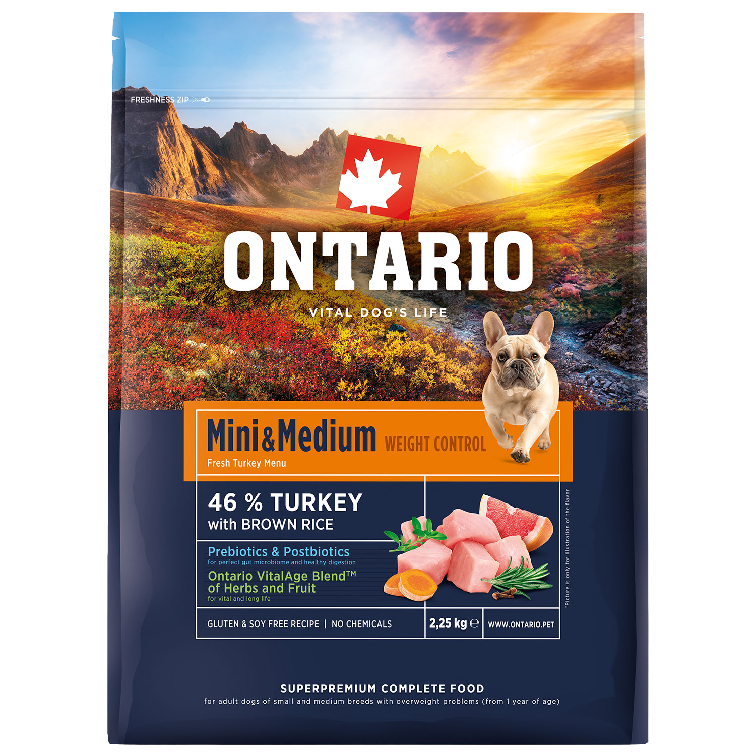 ONTARIO Krmivo Mini & Medium Weight Control Turkey & Brown Rice 2.25 kg