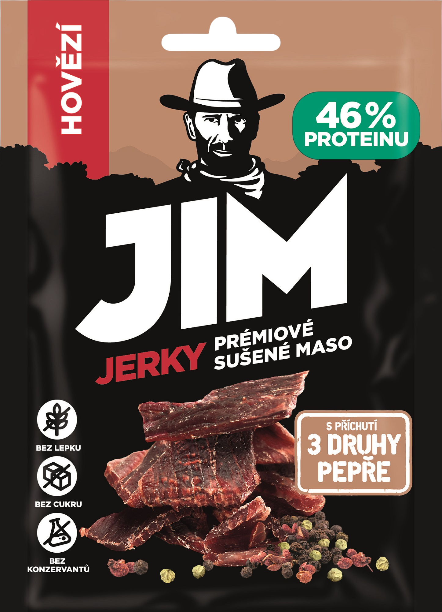 JIM JERKY Sušené hovězí maso, 3 druhy pepře 23 g