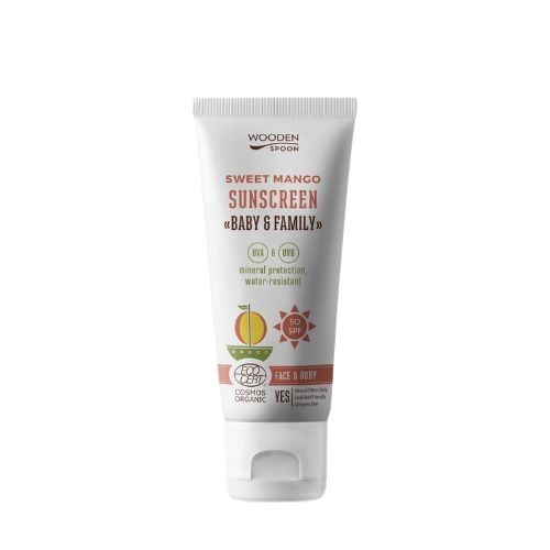 Fotografie WOODENSPOON Opalovací tělové mléko Mango Baby & Family SPF 50 100 ml
