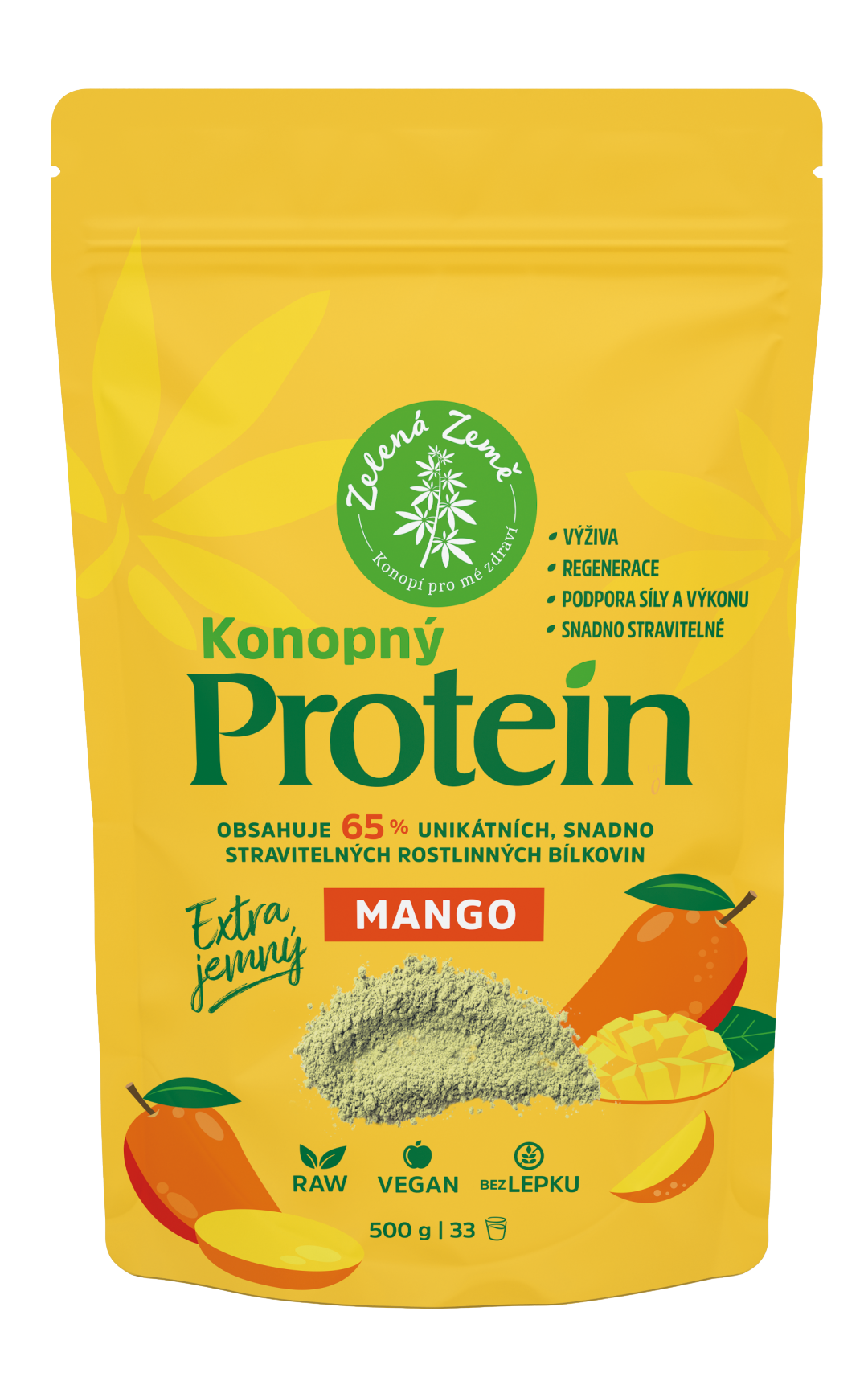 Zelená země Konopný protein EXTRA jemný (65% bílkovin) s mangem, 500g