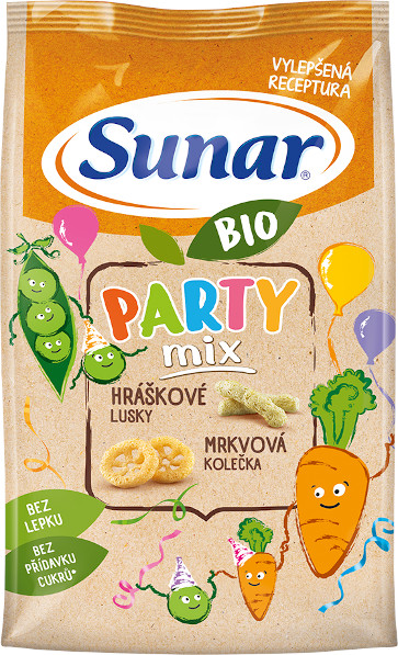 Sunar BIO Party mix, hráškové a mrkvové detské chrumky 45 g