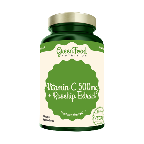 GreenFood Nutrition Vitamin C 500 mg + Rosehip Extract kapsuly na podporu imunitného systému, pre krásnu pleť a nechty 60 cps