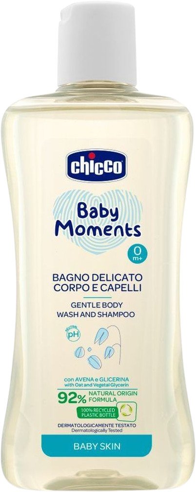 Chicco Šampón jemný na vlasy a telo Baby Moments 92 % prírodných zložiek 200 ml