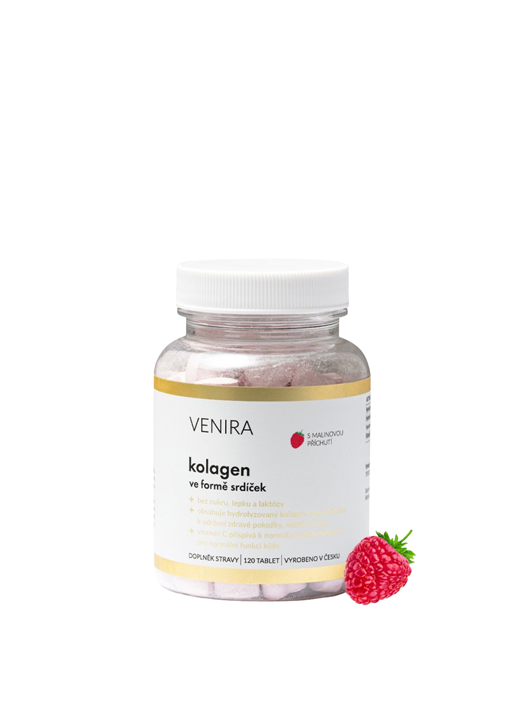 Venira Kolagén vo forme srdiečok tablety na cmúľanie krásne vlasy, nechty a pokožka príchuť Raspberry 120 tbl kúpite na Pilulka.sk
