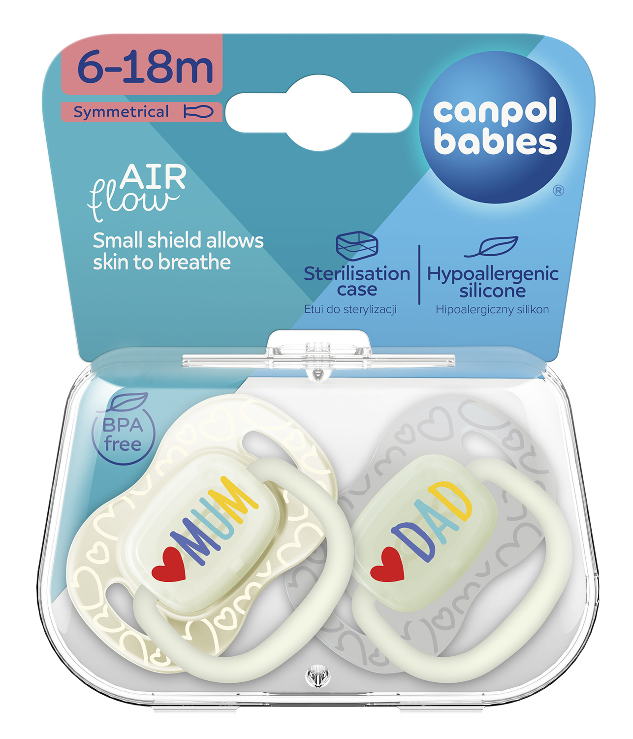 Canpol babies Dudlík svítící silikonový symetrický LOVE MUM&DAD 6-18m 2 ks