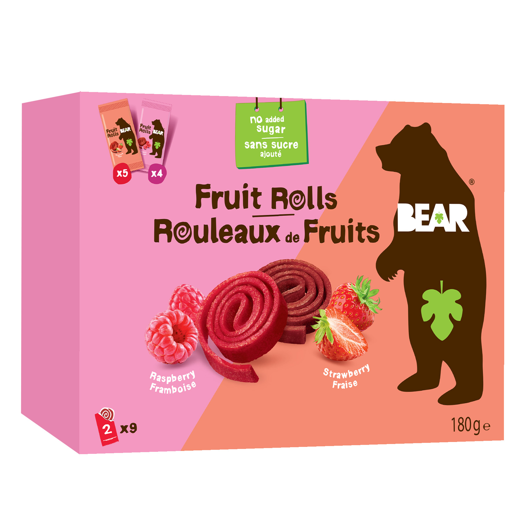 Fotografie BEAR Fruit Rolls jahoda a malina ovocné rolované plátky 9 x 20 g