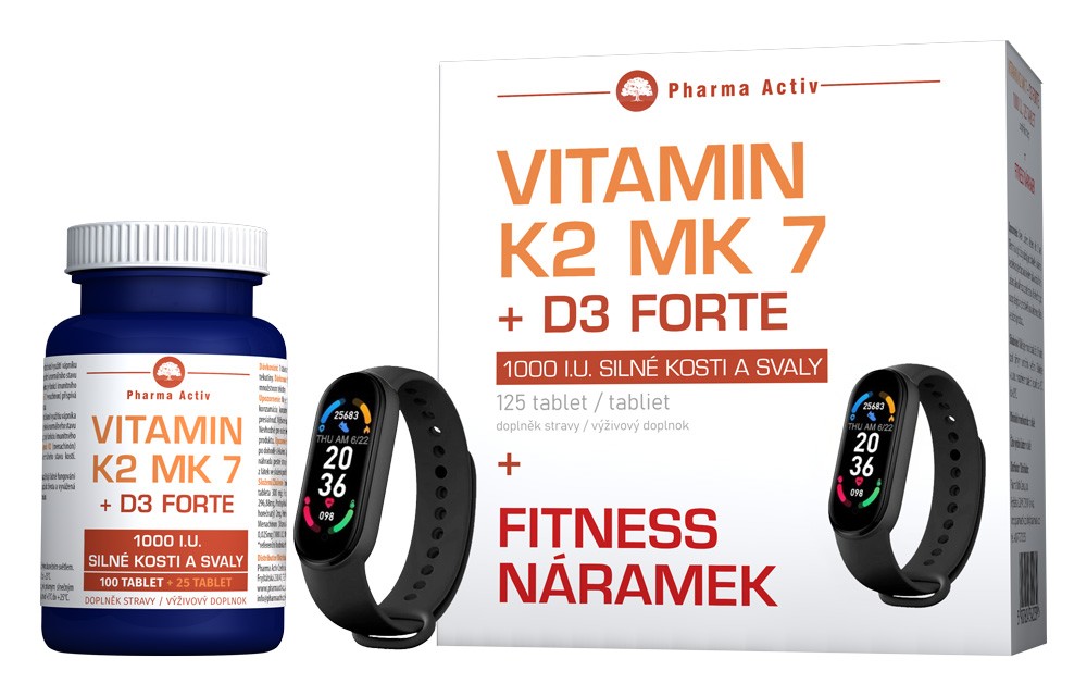 Fotografie Pharma Activ Vitamín K2 MK 7 + D3 Forte + Fitness náramek 125 tablet