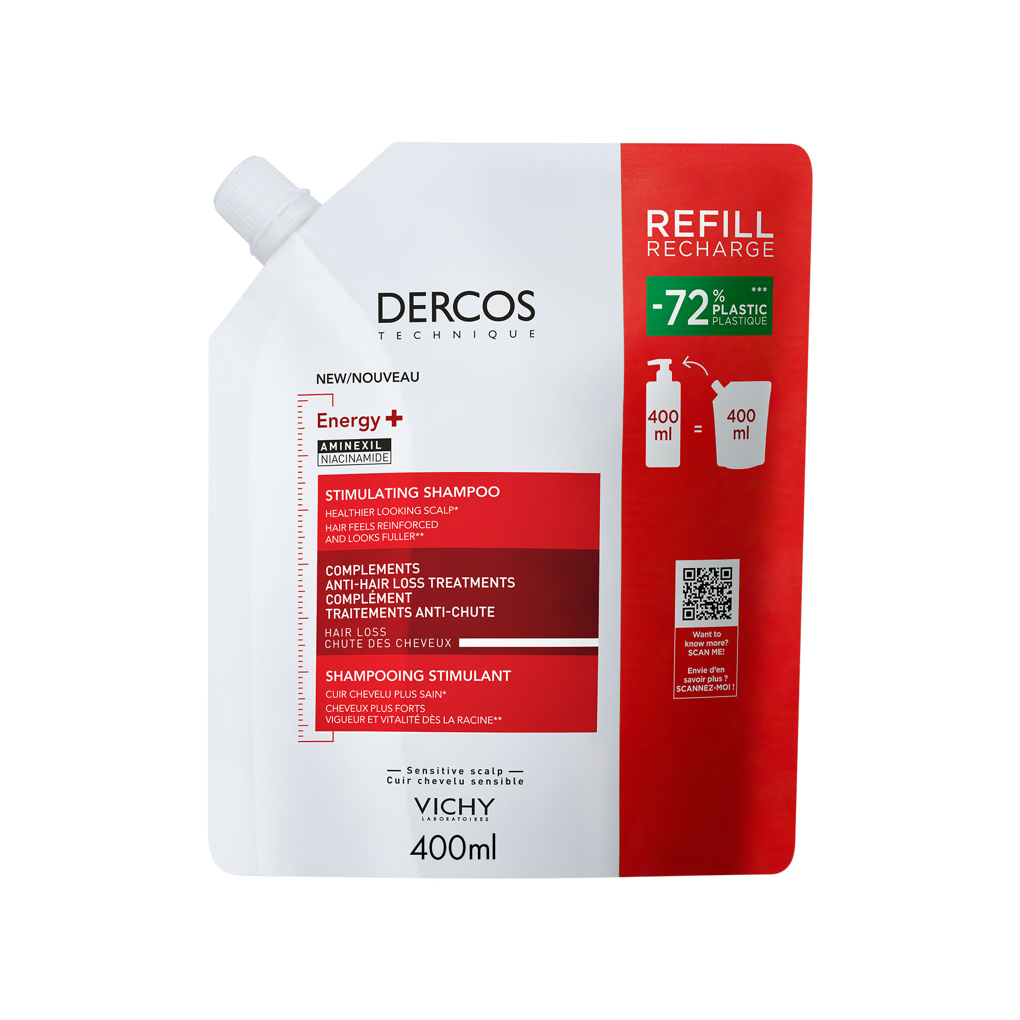 VICHY DERCOS Energy+ stimulační šampón proti vypadávání vlasů - náhradní náplň 400 ml