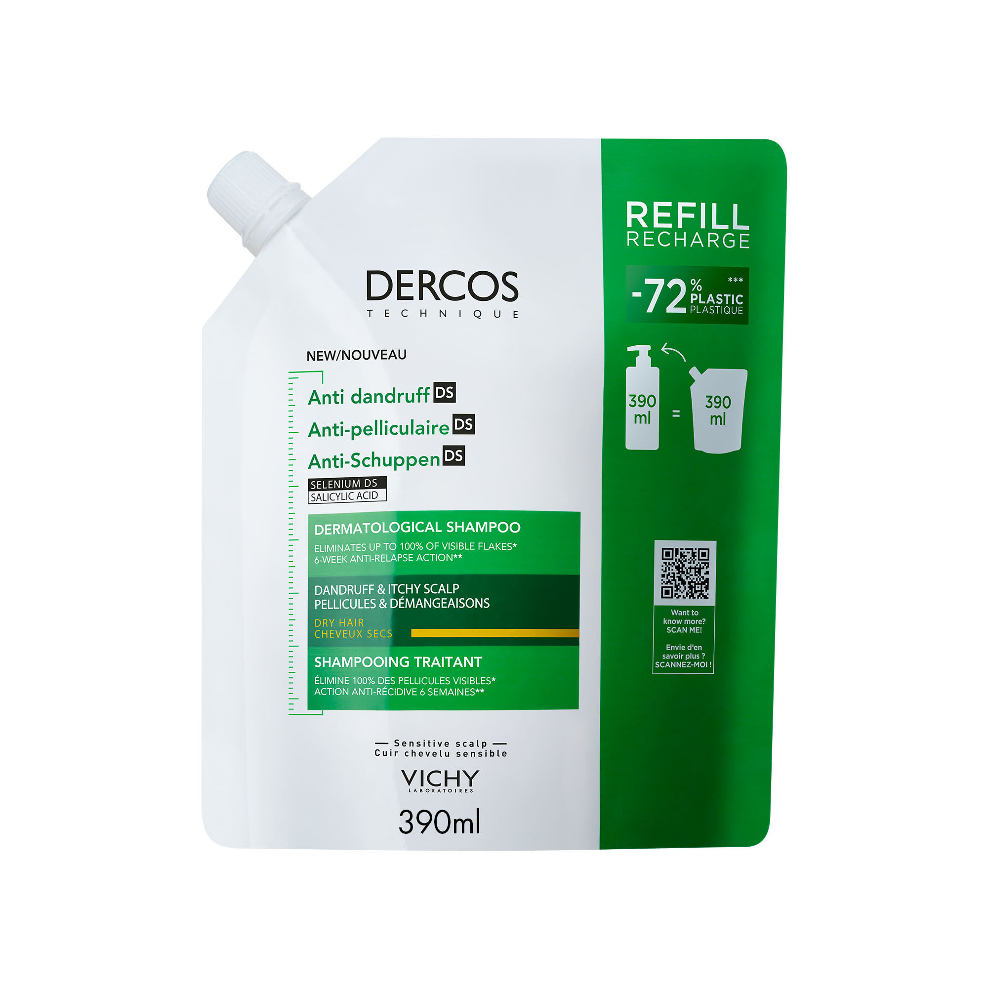 VICHY DERCOS Šampón proti lupům se SELENIEM DS pro suché vlasy - náhradní náplň 390 ml