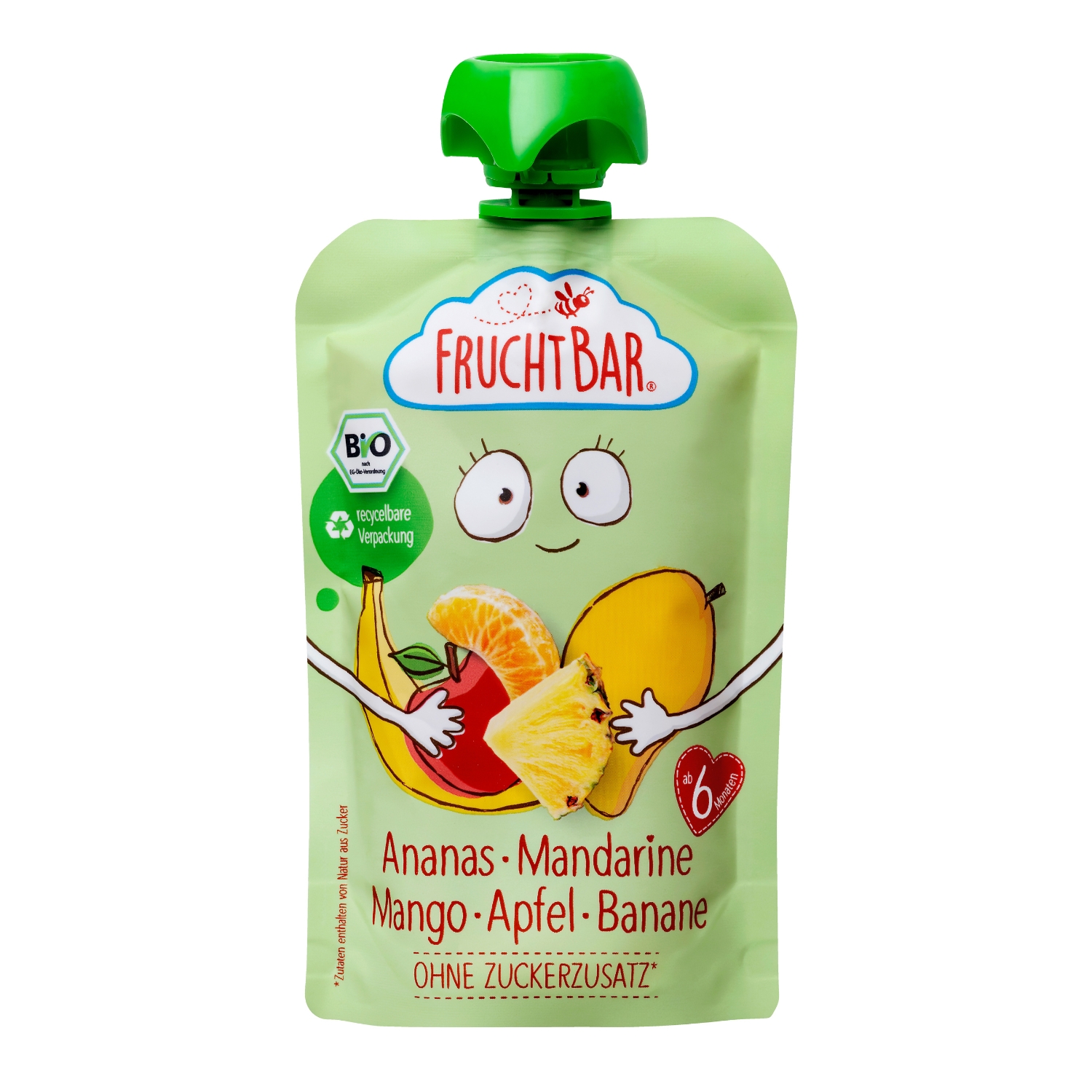 FRUCHTBAR BIO Ovocná kapsička s jablkem, ananasem, mangem, banánem a mandarinkou 100 g