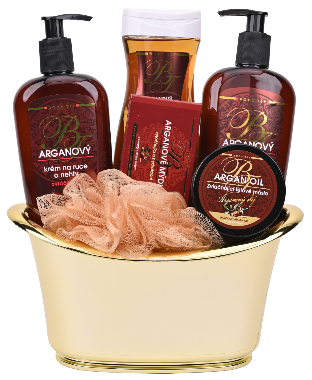 VIVACO Dárkové balení argan sprchový olej + tělový balzám + krém na ruce + tělové máslo + tuhé mýdlo + dárek