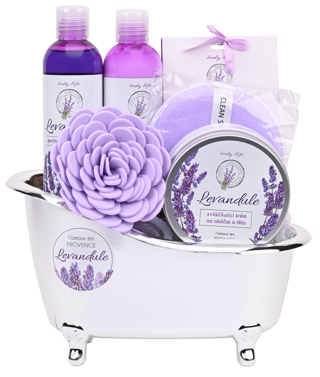 VIVACO Dárkové balení levandule premium - sprchový gel a šampon + sůl do koupele + tělové mléko + zvláčňující krém+ 2x dárek
