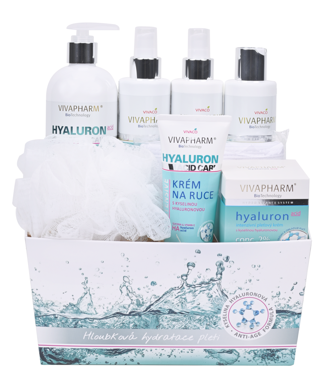 VIVACO Dárkové balení Hyaluron tělové mléko + sg + odličovací mléko + pleťová voda + krém na ruce + pleťový krém + dárky