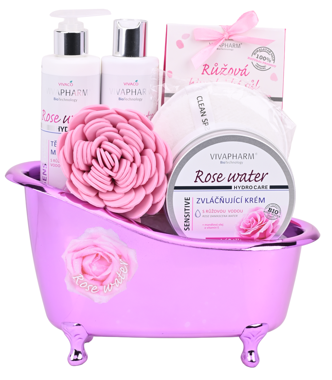 VIVACO Ros2501 Dárkové balení rose water - sprchový gel + tělové mléko + himalájská sůl + zvláčňující krém + dárek