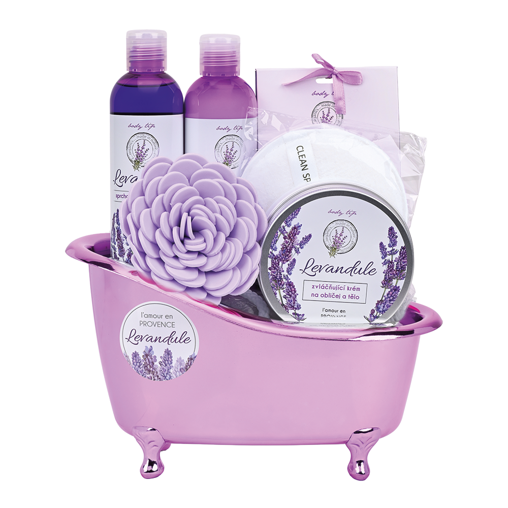 VIVACO Dárkové balení levandule premium - sprchový gel a šampon + sůl do koupele + tělové mléko + zvláčňující krém+ 2x dárek