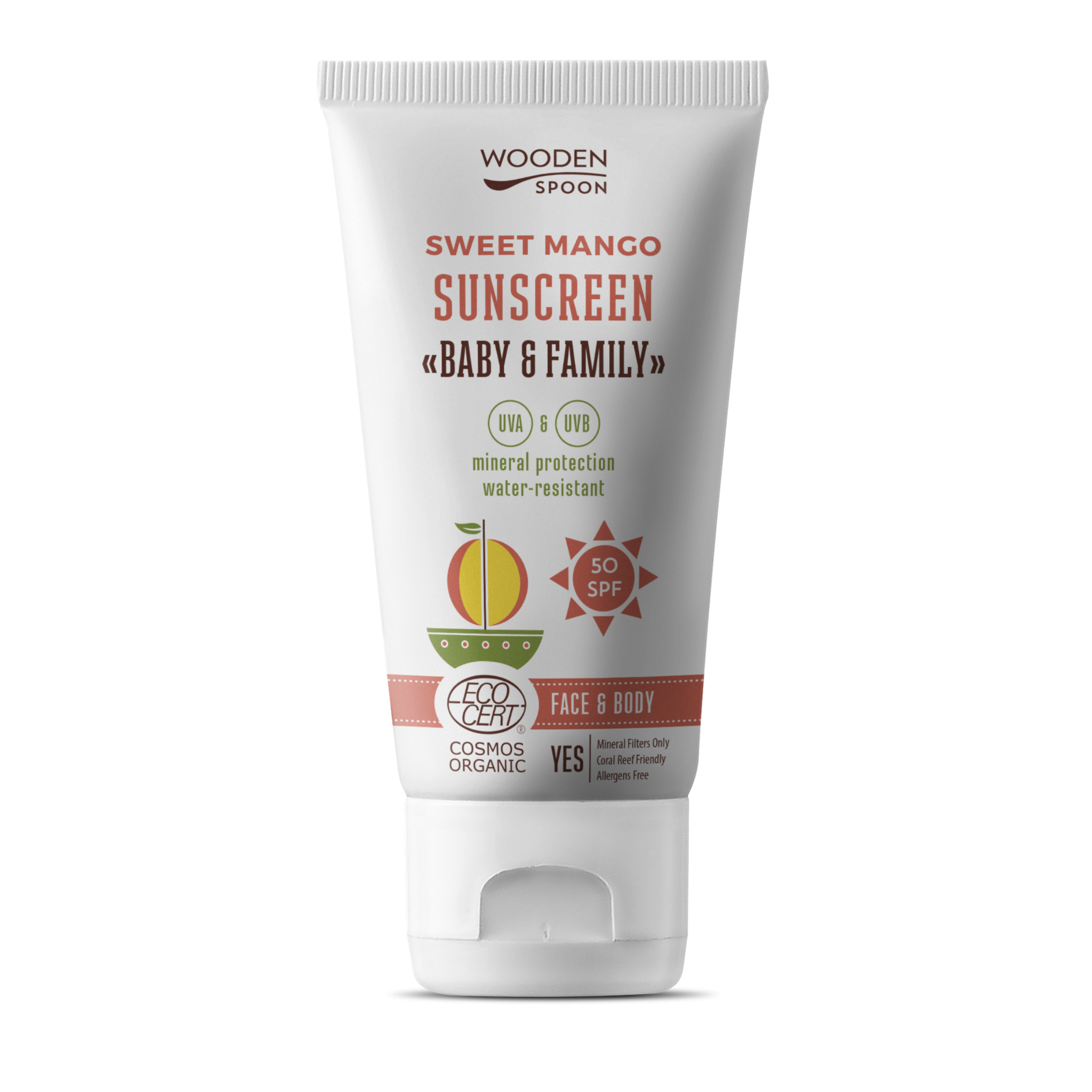 Fotografie WOODENSPOON Opalovací tělové mléko Mango Baby & Family SPF 50 150 ml