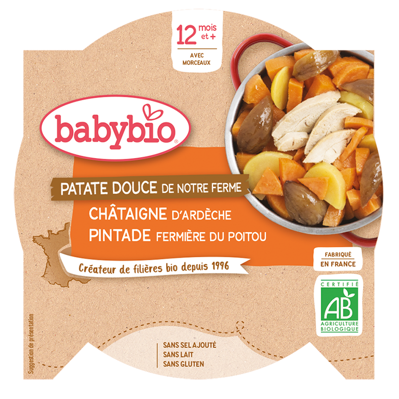 Babybio sladké brambory s kaštanovým pyré a farmářskou perličkou 230 g