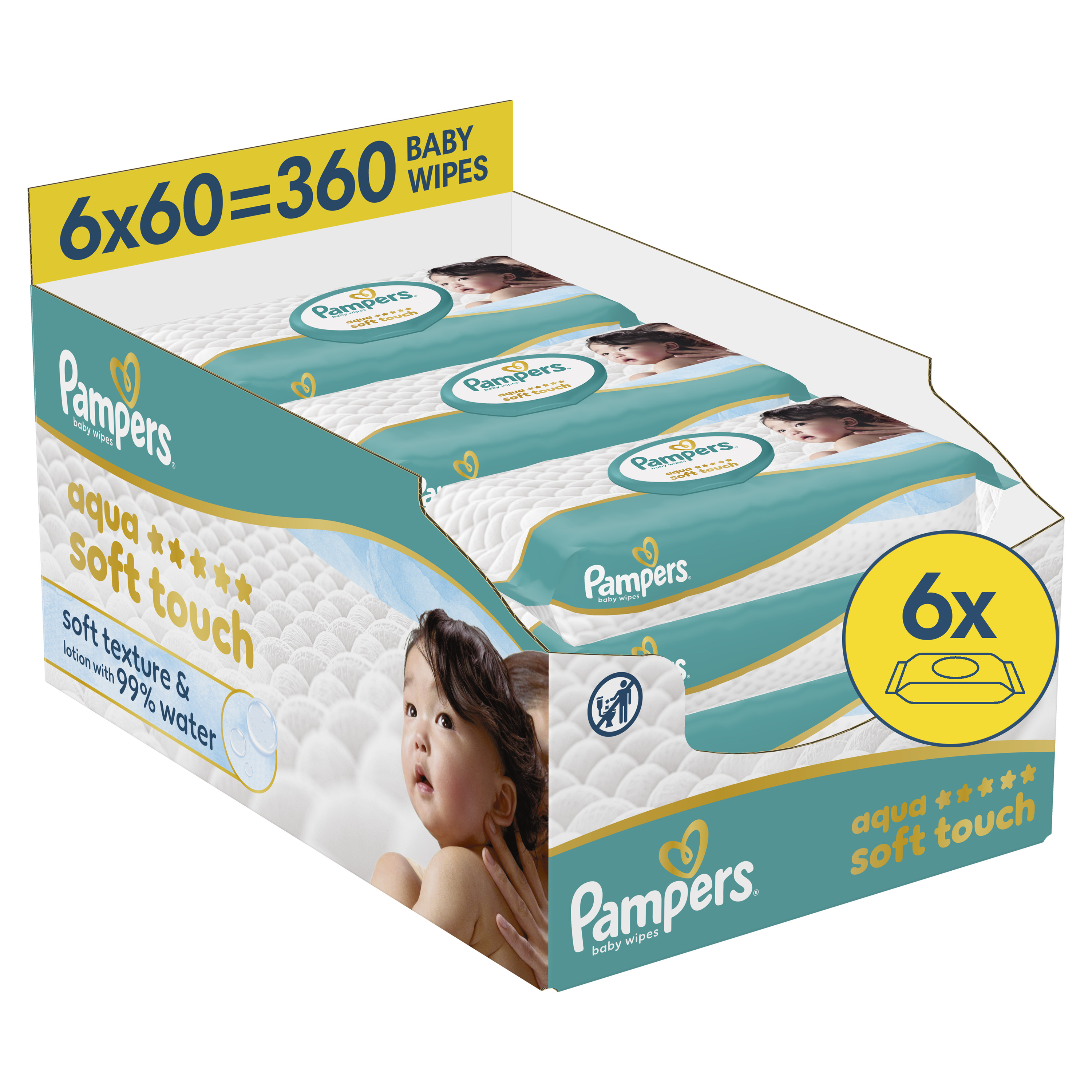 PAMPERS Dětské čisticí ubrousky, Aqua Soft Touch Baby 6 x 60 ks