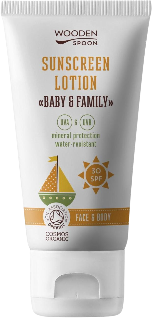 Fotografie WOODENSPOON Opalovací tělové mléko v tubě Baby & Family SPF 30, 150 ml