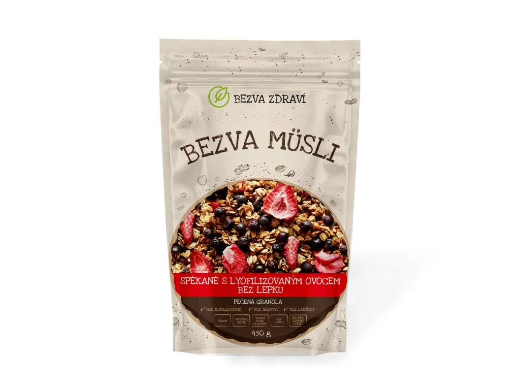 BEZVA MÜSLI Spékané s lyofilizovaným ovocem bez lepku 450 g
