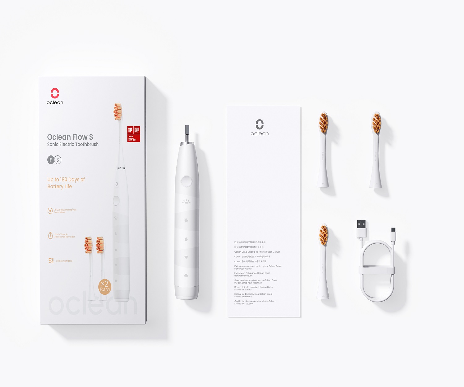 Fotografie OCLEAN Flow S White Set - sonický kartáček bílý a 3 hlavice