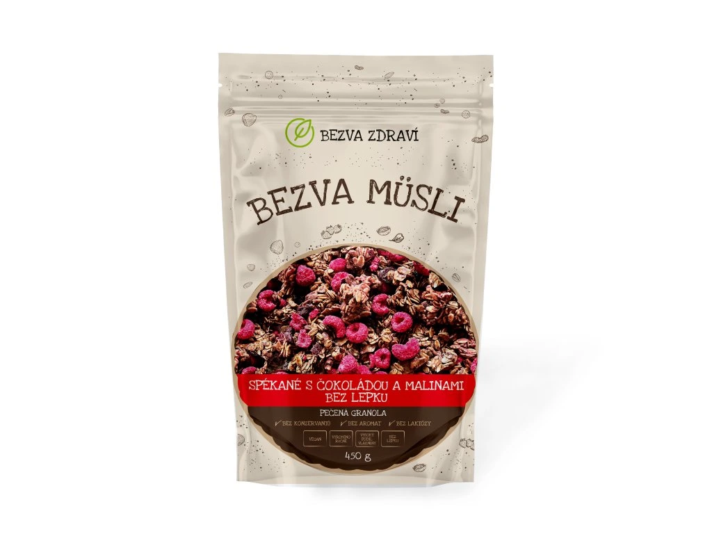 BEZVA MÜSLI Spékané s čokoládou a malinami bez lepku 1 x 450 g