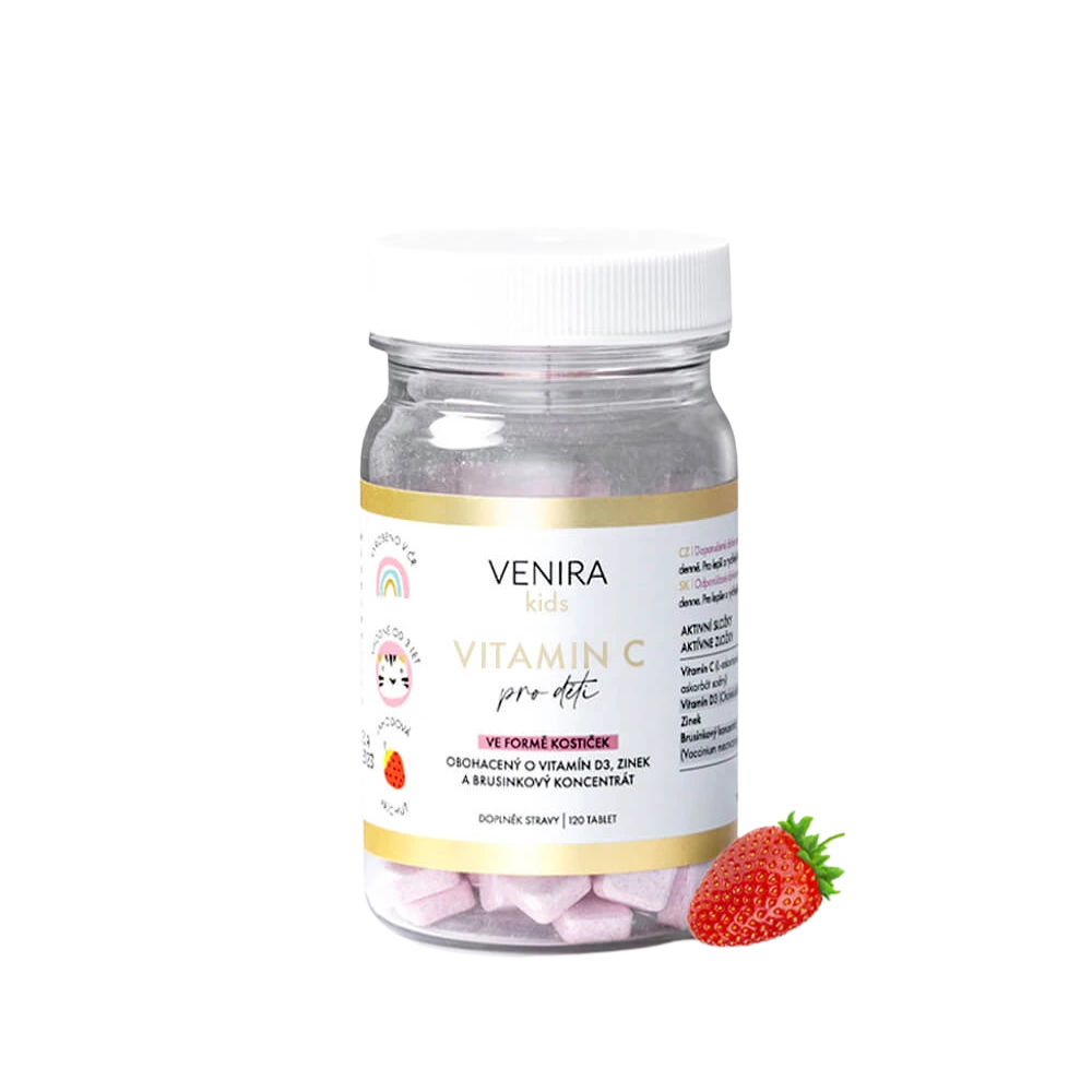Fotografie Venira kids Vitamin C pro děti ve formě kostiček jahoda 120 tablet
