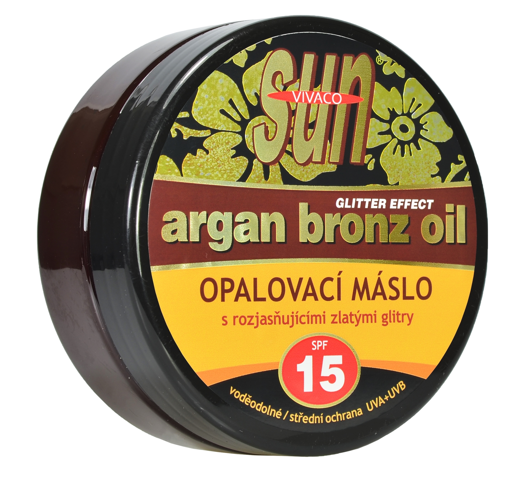 Vivaco Opaľovacie maslo s arganovým olejom s rozjasňujúcimi zlatými glitrami SPF15, 200 ml